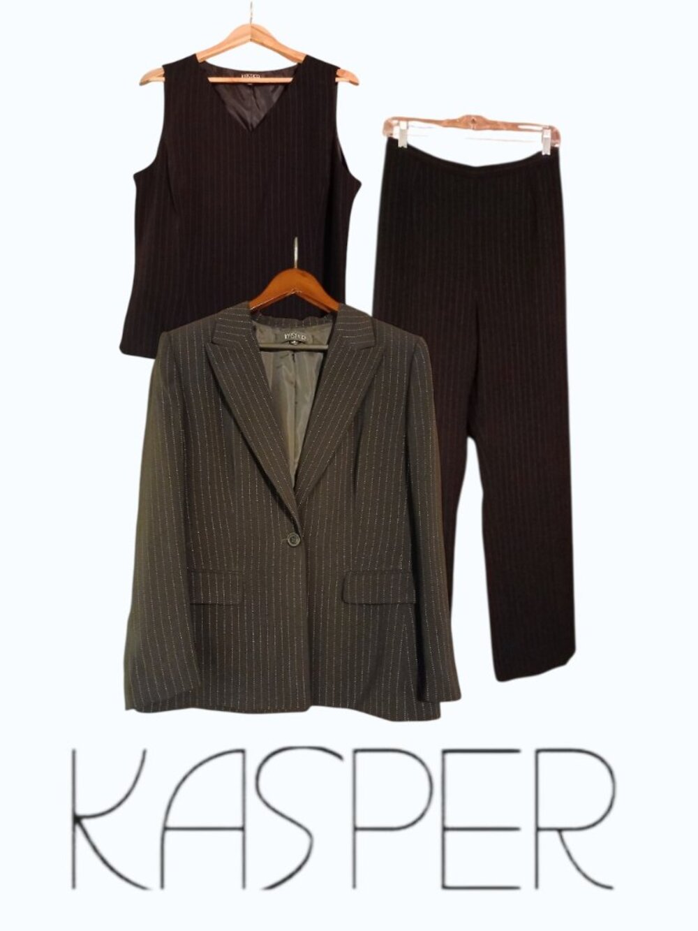 KASPER 3 PC. Black Pinstripe Jacket, Pant, Shell Suit - EUC/NWT